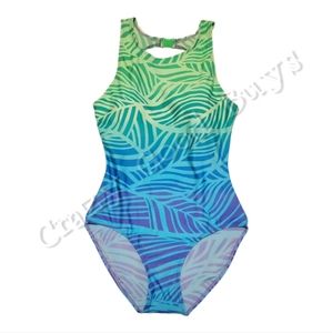Kathy Ireland Tropical Leaves Ombre Green to Blue One-Piece Swimsuit, Size 8